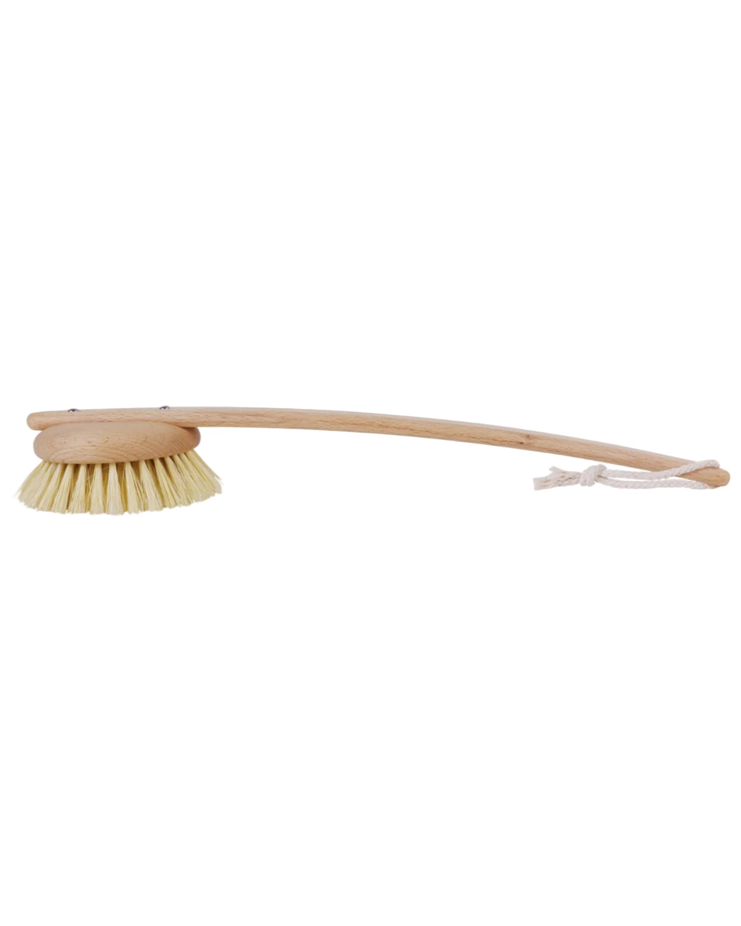 A bath brush with a round head made of Tampico fibre and a long, curved, oiled beechwood handle, finished with a cotton loop for hanging.